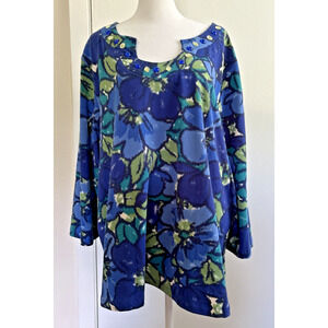 Womens 3X Blue Floral Beaded Neck 3/4 Sleeve Tunic Top Stretch Art Teacher Boho